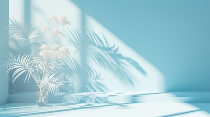 White flower in vase on blue wall background