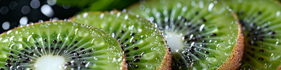 Fresh green kiwi slices with water drops. Close up view, panorama banner