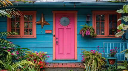 Blue House With Red and Pink Door