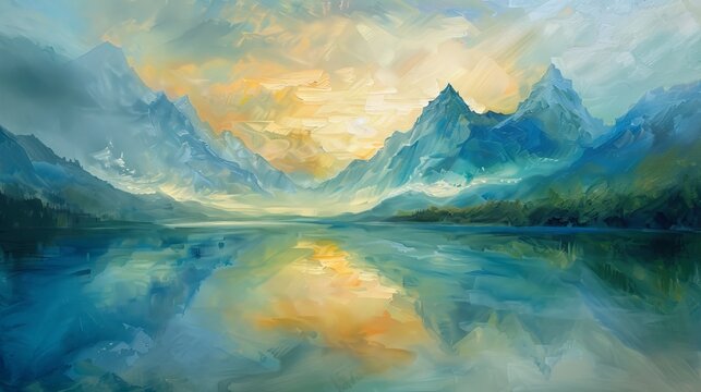 Majestic mountains reflected in a still lake at dawn, portrayed through subtle oil paint techniques.