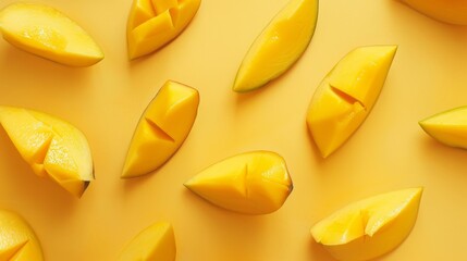 Minimalistic design featuring mango slices with ample negative space, emphasizing simplicity and modern aesthetics. - obrazy, fototapety, plakaty