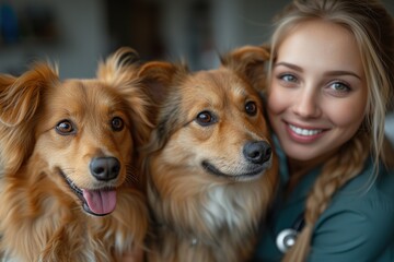 A joyful woman embraces two happy dogs, reflecting a cheerful moment of companionship and love