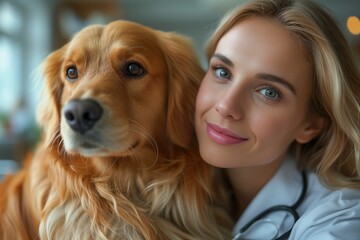 A female veterinarian gently holds a golden retriever, showing care and professionalism
