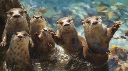 A family of playful otters frolicking in crystal-clear waters, their antics bringing joy to onlookers.