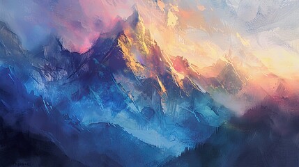 Mountain landscape abstract oil painting background with rugged peaks and serene skies.