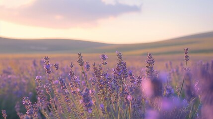 A field of lavender swaying gently in the breeze, casting a purple haze against a backdrop of rolling hills.