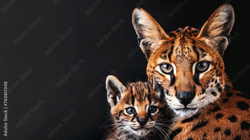 Aufkleber male serval and serval kitten portrait with empty space on left side for text placement