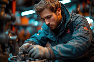 Focused mechanic adjusting machinery parts in an industrial setting with precision