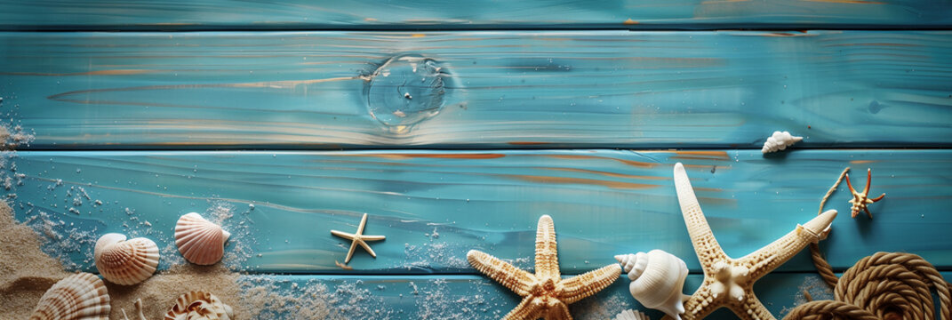 Starfish and shells on blue wood