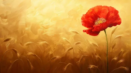 Schilderijen op glas A fiery red poppy standing boldly against a backdrop of golden wheat fields under the summer sun. © Its Your,s