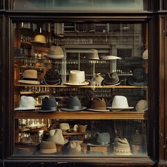 Vintage hat shop with an array of stylish hats displayed in a window, capturing the nostalgia and charm of a bygone era. The image balances warmth and craftsmanship.