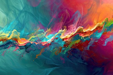 A conceptual digital artwork featuring an abstract representation of interconnected music tracks converging into a dynamic audio waveform. The vibrant colors and energetic design.  - obrazy, fototapety, plakaty