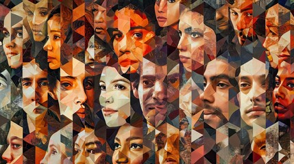 Mosaic of diverse faces seamlessly blends together, representing unity in diversity. The color palette transitions smoothly, showcasing a harmonious coexistence of different ethnicities and cultures. 