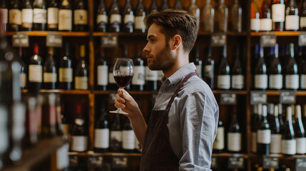 Bartender or male cavist standing near the shelves of wine bottles holds a glass of wine