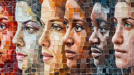 Mosaic of diverse faces seamlessly blends together, representing unity in diversity. The color palette transitions smoothly, showcasing a harmonious coexistence of different ethnicities and cultures. 