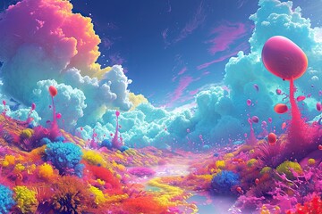 A conceptual digital artwork featuring a surreal landscape with fantastical creatures, brought to life through the vivid and intense hues of Fullchrome. The dreamlike quality and imaginative elements.
