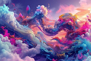 A conceptual digital artwork featuring a surreal landscape with fantastical creatures, brought to life through the vivid and intense hues of Fullchrome. The dreamlike quality and imaginative elements. - obrazy, fototapety, plakaty