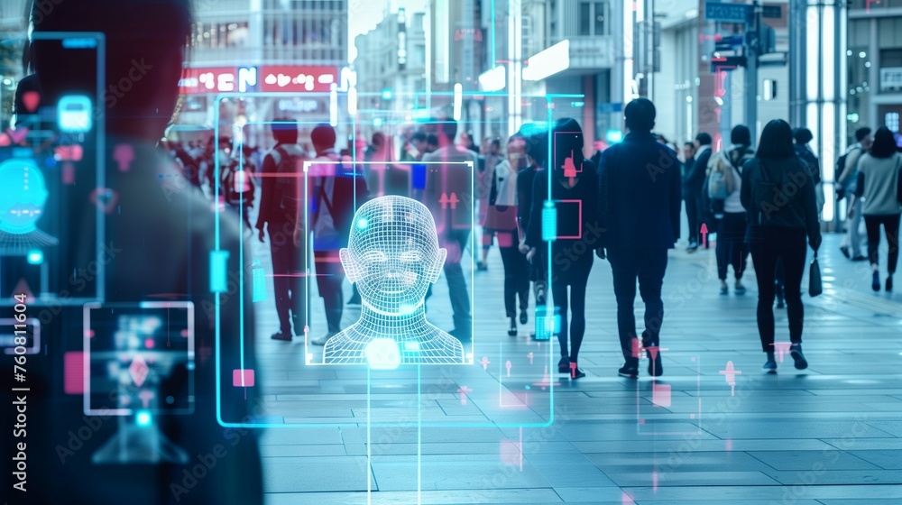 Poster advanced person recognition technology implemented in surveillance cameras enhancing urban city safe