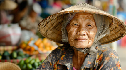 Portrait of a cute elderly lady wearing a traditional conical hat in
