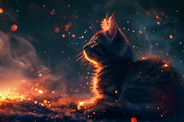 magical small kitten in glowing orange fog on dark background - obrazy, fototapety, plakaty