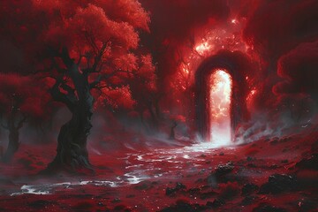 dark red forest landscape with glowing magical portal