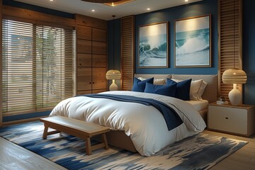 Furnished bedroom with bed, nightstands, lamps, and rug for comfort and style