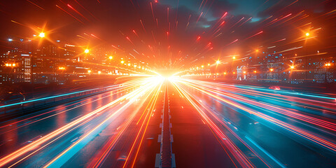 High speed urban traffic on a city highway during evening rush hour, car headlights and busy night transport captured by motion blur lighting effect and abstract long exposure photography 