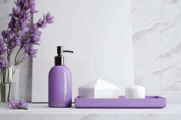 ensemble Mock-up accessoires pour salle de bain, avec boites, coffret, et flacon poussoir blanc et violet avec un vase de fleurs violettes. Espace négatif copy space