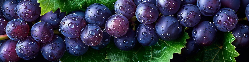 Fresh red grapes with green leaves. Close up view, panorama banner