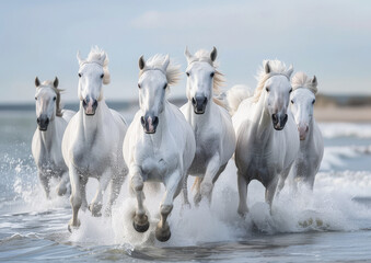 Seis hermosos caballos blancos corriendo sobre el agua de la orilla de una playa, sobre fondo de cielo azul