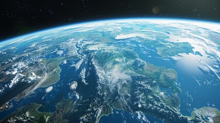 Realistic digital painting of Earth from space, highlighting environmental changes and impacts such as melting ice caps and deforestation.
