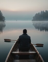 Picture, a man in a wooden boat with oars, on a lake early in the morning in the fog - obrazy, fototapety, plakaty