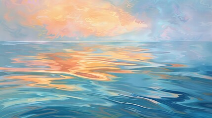 Fototapeta na wymiar Reflective and serene water surface under a pastel sky, captured in oil painting strokes.