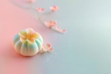 Fototapeta premium wagashi aux couleurs pastel bleu et rose pour la fête Hanami, fête des cerisiers (sakura) en fleur, correspondant au printemps en Europe et en Inde. fond avec espace négatif bleu et rose copy space