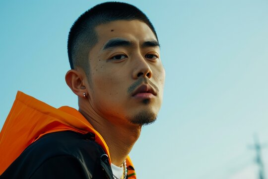 Vibrant Asian male hip hop style. Modern young boy posing on urban street. Generate ai