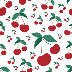 Vibrant red cherry pattern on white isolated background. Botanical vector style. For textiles, wallpapers, packaging materials.