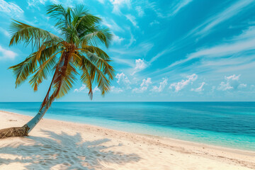 Fototapeta na wymiar Beautiful tropical beach White sand coco palms travel tourism. Summer sea horizon, idyllic island nature scene. Amazing beach landscape, Vacation or holiday (4)