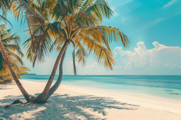 Beautiful tropical beach White sand coco palms travel tourism. Summer sea horizon, idyllic island nature scene. Amazing beach landscape, Vacation or holiday (1)