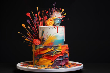 gâteau d'anniversaire pièce montée à 2 étages, sur le thème de la peinture artistique avec des splashs, ou éclaboussures de peinture en pâte à sucre. Fond noir
