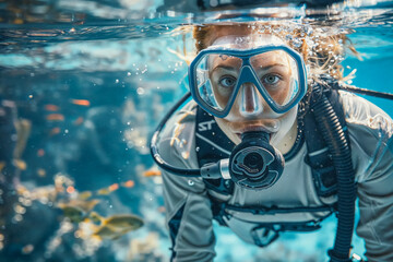 Portrait of a Woman in diving suit and wearing diving gear is swimming in the open ocean