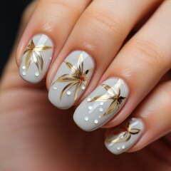Macro shot of beautiful white nails with bright flower design. Perfect white manicure with flourishing flowers art on the nails.