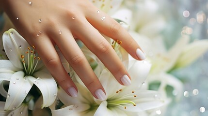 Closeup of beautiful hands with white manicure holding booming flowers. Macro shot of woman hands holding bright white flowers with tender white nails. - obrazy, fototapety, plakaty