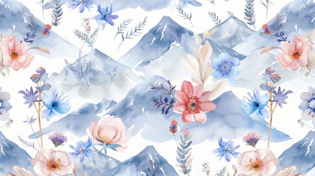 Seamless watercolor pattern with whimsical mountain flowers and alpine elements.