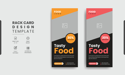 Fast food restaurant business marketing roll up or banner template design with abstract background, logo and social media icon. Pizza, burger & healthy food sale web banner, rack card or flyer