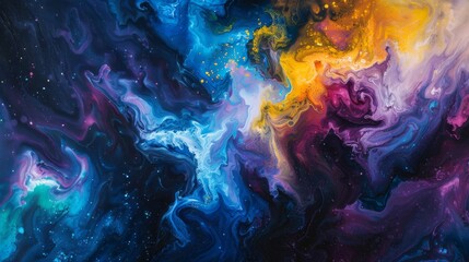 Space exploration abstract oil painting background with dark voids and colorful nebulae.