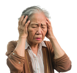 Senior Female Asian Holding Head Frustrated or Headache Isolated on Transparent Background
