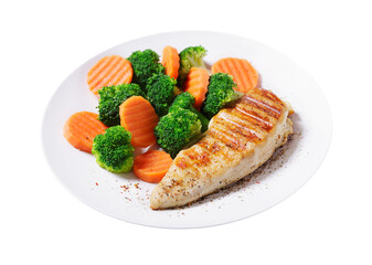 plate of grilled chicken and vegetables isolated on transparent background
