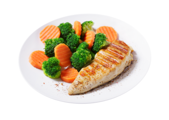plate of grilled chicken and vegetables isolated on transparent background