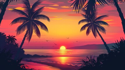 Sunset silhouette with mango slices replacing the sun, creating a serene and beautiful tropical evening scene.