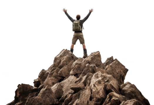 Man Celebrating on Top of the Mountain Depicting Success Isolated on Transparent Background

